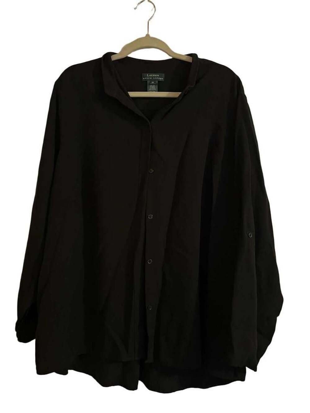 Lauren Ralph Lauren 100% Silk Button-Down Shirt Roll Tab Sleeve Black 3X